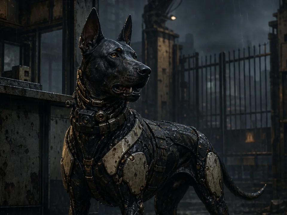 Rulebook illustration of an armoured Courtesy Hound on watch