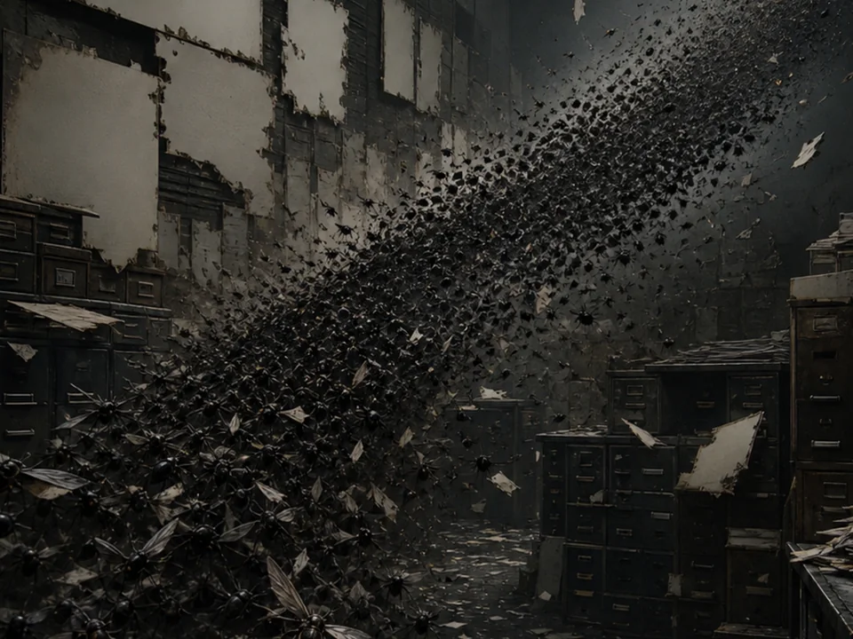 Rulebook illustration of a Redaction Swarm crossing ruined ground