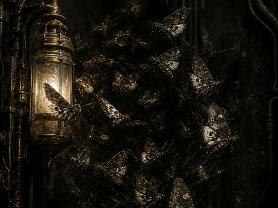 Rulebook illustration of a Wellspring Moth in a dark chamber